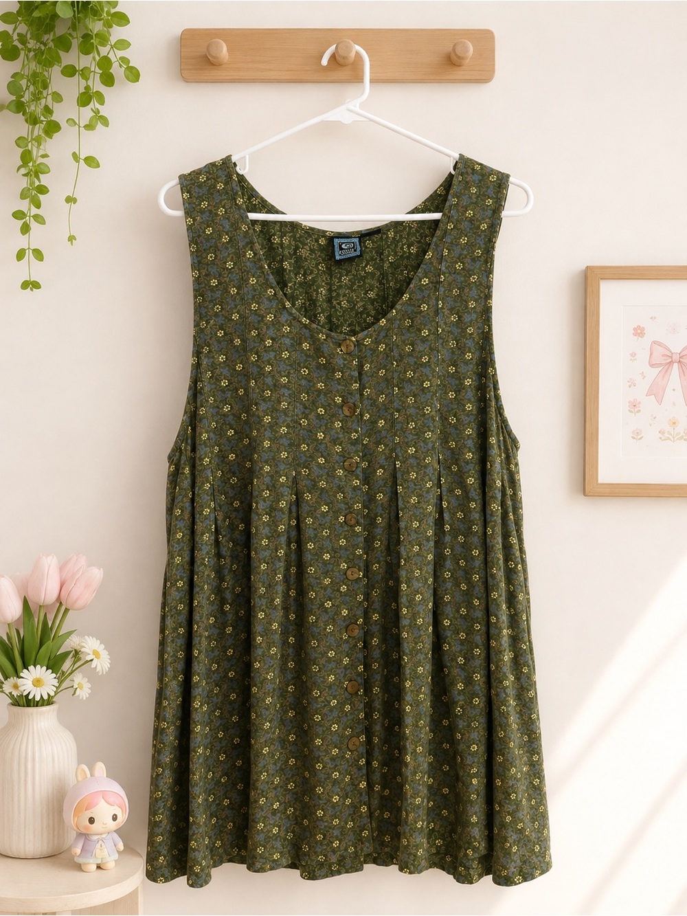 Ecote Olive Green Floral Pleated Babydoll Mini Dress Size L Boho Y2K